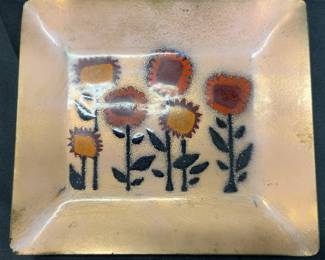 Vntg Metal Enamel Folk Art Floral Trinket Dish
