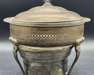 Vintage Silver Plated Chaffing Dish W Glass Insert
