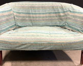 Vtg Patterned Upholstered Loveseat W Wood Legs
