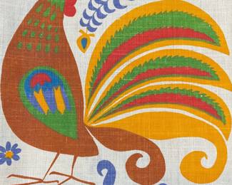 Vintage Linen Rooster Print Tablecloth
