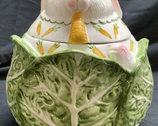 CLAY ART CABBAGE BUNNY Porc Cookie Jar W Lid
