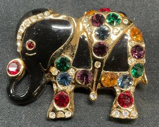 Gold Tone Crystal Enamel Elephant Brooch
