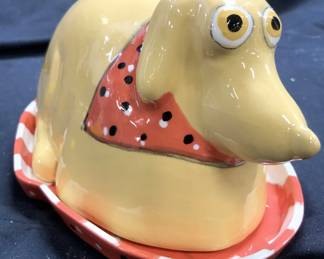 Signed Porcelain Dog Butter Dish W Lid
