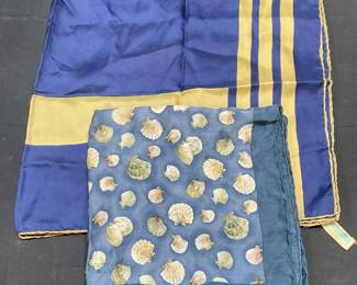 Lot 2 DeMura Blue Silk Scarf, Seashell Silk Scarf
