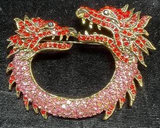 Gold Tone Crystal Dragon Brooch, 2.5 in Wide
