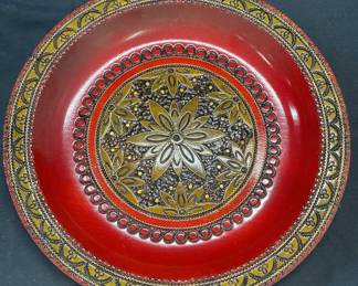 Vintage Carved Wood Lacquered Floral Plate
