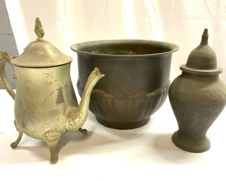 Lot 3 Vintage Mixed Metal Planter, Urn & Teapot
