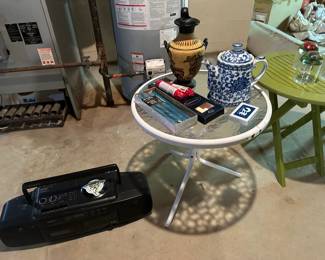 Side Table, Radio, Tea Pot