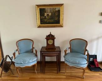 French Style Arm Chairs, Nested Tables, Painting, Magazine Holder, Walnut Clock
