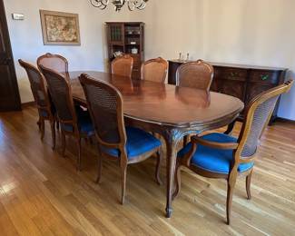 Dining Table w/ 2 Leaves & 8 French Caned Back Chairs