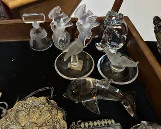 Lalique Perfume Bottles, Lalique Ring Dishes, Baccarat Dreamer Figure, Steuben Dolphin
