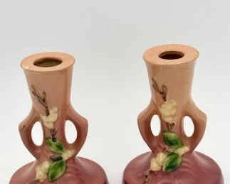1946 Roseville Pottery Snowberry Candlestick Pair Pink
