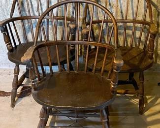 (3) Wooden Windsor ArmChairs with Unique Support Structure Underneath

