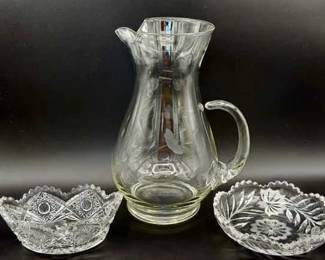 Elegant Etched Glass Pitcher & (2) Cut Glass Condiment Dishes
