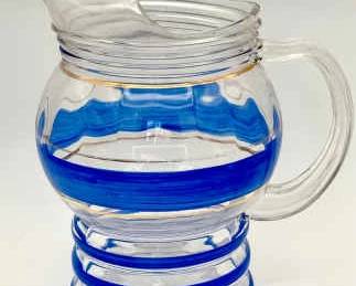 Vintage Clear Depression Glass Water Pitcher Blue Rings Gold Highlights Iced Tea
