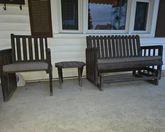 Wood glider, chair, and side table