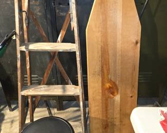 Wood ladder, antique ironing board, folding stool