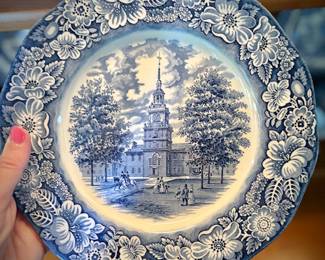 Blue and white transferware, including Wedgwood "Monticello"