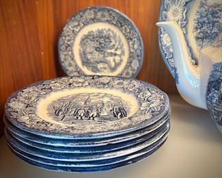 Blue and white transferware, including Wedgwood "Monticello"