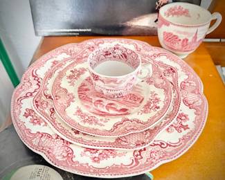 Red transferware china
