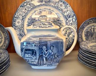 Blue and white transferware, including Wedgwood "Monticello"
