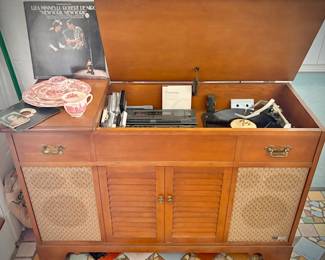 Mid-century Fisher "The Fisher Anniversary Series" console stereo with turntable. Note that Koss components have been added.