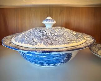 Blue and white transferware, including Wedgwood "Monticello"