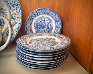 Blue and white transferware, including Wedgwood "Monticello"