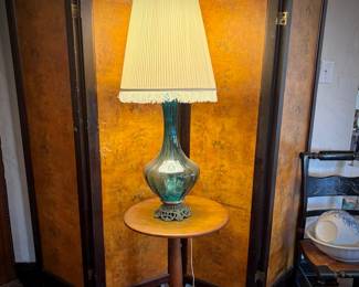 Vintage mid-century lamp with blue glass base and antique 5-panel screen with European scenes 