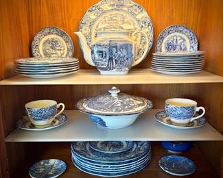 Blue and white transferware, including Wedgwood "Monticello"