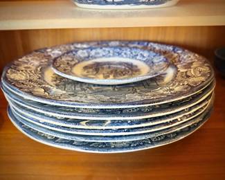 Blue and white transferware, including Wedgwood "Monticello"