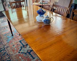 c. 1960 Drexel MCM dining table and four chairs. Shown with TWO leaves inserted. 