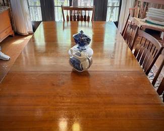 c. 1960 Drexel MCM dining table and four chairs. Shown with TWO leaves inserted. 