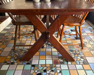 Antique trestle table and four chairs