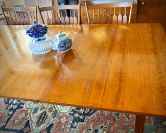 c. 1960 Drexel MCM dining table and four chairs. Shown with TWO leaves inserted. 