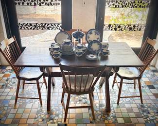 Antique trestle table and four chairs