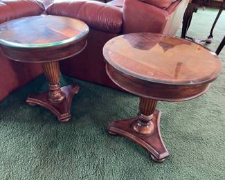 $60. 22” Round End -2 Matching Lamp Tables with Glass Tops.                                   22” diameter x 24” tall. Really pretty inlayed lamp or end tables . Vintage 90s.