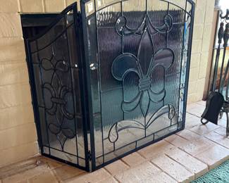 $95.00.  fleur  de Lis leaded beveled Glass fire place screen.   