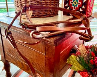 LEATHER HORSE BRIDLES.  OLD PORTABLE POTTY!