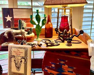 RUSTIC COFFEE TABLE WITH RAILROAD LANTERN LAMP, ELMER KELTON.