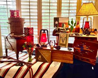 Railroad lanterns, antique tool chest, cilium pillows.