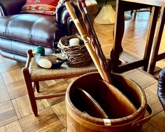 OVERSIZED FIRKIN TURNED MAGAZINE RACK.