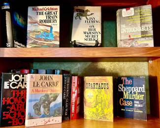 JOHN LE CARRE, MICHAEL CRICHTON, "THE GREAT TRAIN ROBBERY", 1ST EDITION VINTAGE BOOK.  VINTAGE "THE UNTOUCHABLES".  "SPARTACUS".