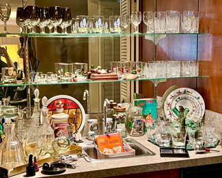 Vintage bar with fun whiskey glasses.