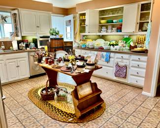 LARGE KITCHEN VINTAGE AND MODERN PIECES.  BRIGHT POPS OF YELLOW.