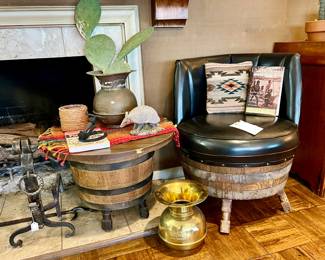 BARREL CHAIRS WITH SMALL TABLE.  SPITTOONS.  