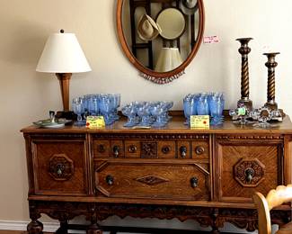 Vintage Buffet with multiple doors and drawers, gorgeous detailing. Vintage Cambridge Blue Glass 1930-1950's