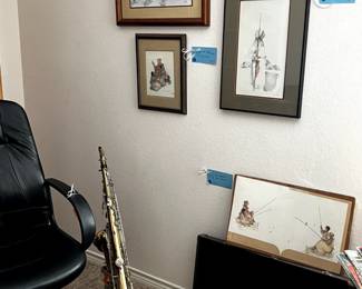 Saxaphone with case, office furnishings and unique wall art