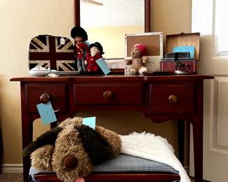 Wood vanity and mirror - vintage toys and boxes