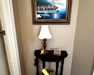 Mediterranean Harbor painting and small side table